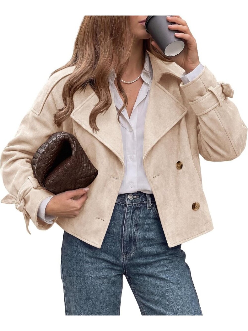 Women Beige Faux Suede Long Sleeve Button Down Tie Cuff Lapel Trench Coat